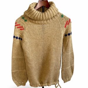 Vintage 70s PRONTO Chunky Knit Turtleneck Sweater, Geometric Accents, Medium